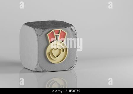 Magnifique symbole de médaille coeur doré sur un cube de beton et un fond en céramique blanche. 3d illustration du rendu. Motif d'arrière-plan pour la conception. Banque D'Images