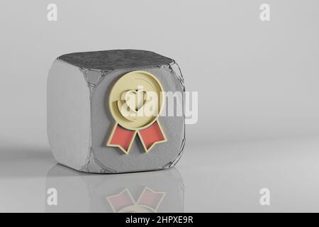 Magnifique symbole coeur doré badge sur un cube beton et un fond blanc en céramique. 3d illustration du rendu. Motif d'arrière-plan pour la conception. Banque D'Images