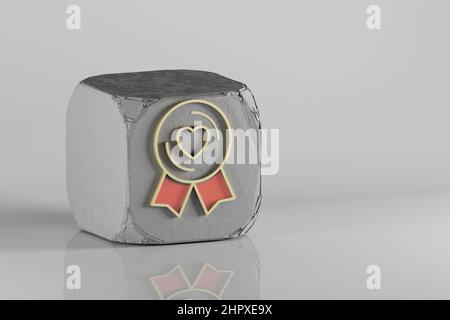 Magnifique symbole coeur doré badge sur un cube beton et un fond blanc en céramique. 3d illustration du rendu. Motif d'arrière-plan pour la conception. Banque D'Images