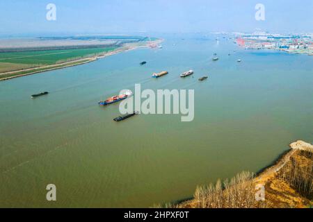 Rugao, Rugao, Chine. 24th févr. 2022. Le 23 février 2022, dans la ville de Rugao, dans la province de Jiangsu, un navire de transport de marchandises a navigué sur la section de Rugao du fleuve Yangtze.au début du printemps, les entreprises de divers endroits ont commencé à reprendre la production l'une après l'autre, les navires de transport de marchandises qui transportaient du charbon, de l'acier, l'énergie et d'autres matériaux par l'eau ont inauguré la période de transport de printemps. Dans la section Rugao de la rivière Yangtze dans la ville de Changjiang, la ville de Rugao, province de Jiangsu, les navires de fret font des navettes d'avant en arrière, montrant une scène de circulation occupée. (Image de crédit : © si Banque D'Images