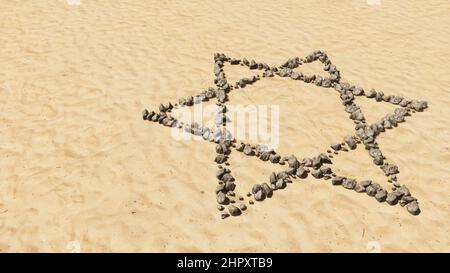 Concept pierres conceptuelles sur plage sable forme de symbole fait à la main, fond de sable doré, religieux hébraïque David star. 3D métaphore de l'illustration pour Jude Banque D'Images