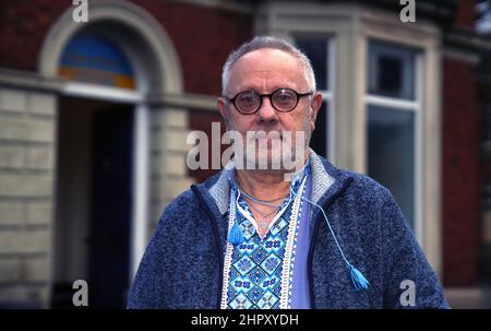 Président de club Yaroslaw Tymchyshyn de l'Association des Ukrainiens en Grande-Bretagne (AUGB) branche de Bolton, après l'invasion russe de l'Ukraine. Date de la photo : jeudi 24 février 2022. Banque D'Images