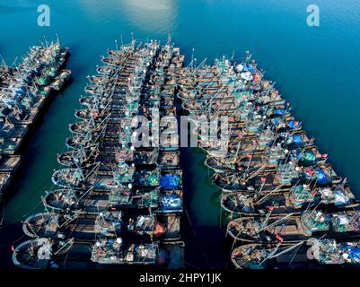 QINGDAO, CHINE - 23 FÉVRIER 2022 - une photo aérienne prise le 23 février 2022 montre que des bateaux de pêche se rassemblent au port de pêche de Jimiya à Qingdao, est Banque D'Images