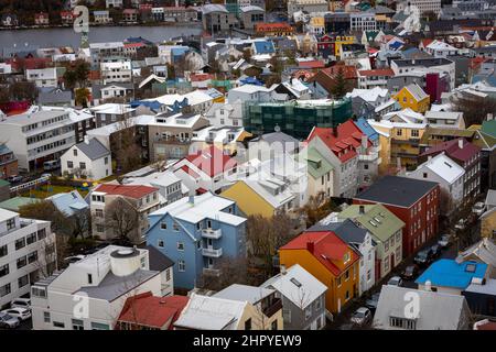 Vue panoramique sur Reykjavik, Islande depuis la cathédrale de Hallgrimskirkja Banque D'Images