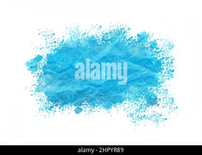 Motif bleu aquarelle et trait de pinceau, élément de design graphique isolé sur fond blanc avec recouvrement de texture papier froissé Banque D'Images
