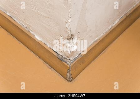 Un clou de cheville est un bâtiment de fixation dans un mur de ciment blanc. Réparation de l'angle de joint d'angle à côté du plancher de plinthe en bois du plancher de la c Banque D'Images