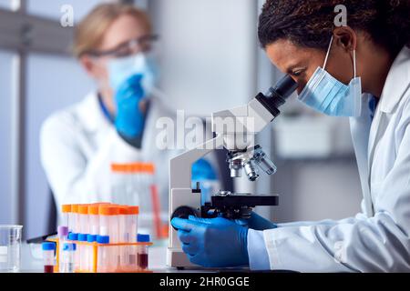 Deux travailleuses de laboratoire portant des EPI et des lunettes de sécurité regardant la diapositive sous le microscope Banque D'Images