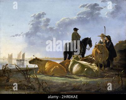 Aelbert Cuyp. Peinture intitulée 'paysans et bétail par la rivière Merwede' par le peintre néerlandais de l'âge d'or, Aelbert Jacobszoon Cuyp (1620-1691), huile sur chêne, 1658-60 Banque D'Images