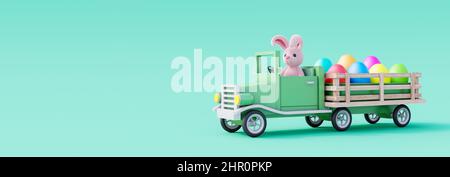 Une jolie voiture de Pâques avec un lapin et des œufs peints en couleurs. Le concept de vacances de Pâques sur fond vert 3D rend 3D illustration Banque D'Images