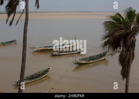 Les pirogues accostent le long de la côte du fleuve Sénégal à Saint Louis, Sénégal, Afrique de l'Ouest. Banque D'Images