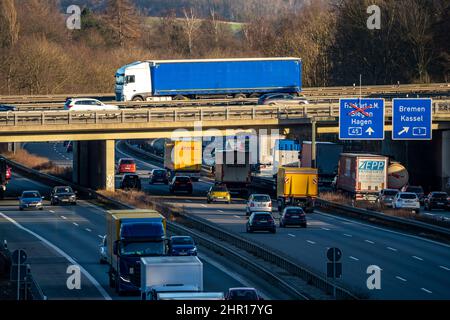 Sortie d'autoroute Westhofen, l'autoroute A45, Sauerlandlinie, est traversée par le A1, pont, vue en direction sud-est, Schwerte, NRW, Banque D'Images