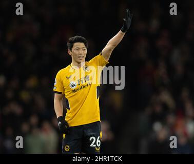 Londres, Royaume-Uni. 25th févr. 2022. Gestes de Wolverhampton Wanderers Hwang Hee-Chan lors du match de la première ligue anglaise entre Arsenal et Wolverhampton Wanderers à Londres, en Grande-Bretagne, le 24 février 2022. Credit: Xinhua/Alay Live News Banque D'Images