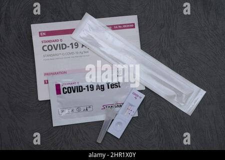 Kenya. 24th févr. 2022. Dans cette illustration, un kit de test d'antigène Covid-19, placé à côté d'un tube tampon d'extraction avec un échantillon et un écouvillon stérile montrant des résultats négatifs. (Photo de John Ochieng/SOPA Images/Sipa USA) crédit: SIPA USA/Alay Live News Banque D'Images