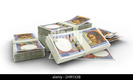 3D piles de billets de franc CFA d'Afrique centrale isolés sur fond blanc. 3d rendu Banque D'Images