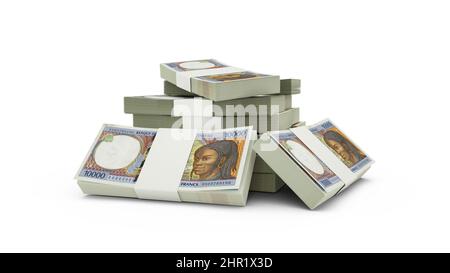 3D rendu de la pile de 10000 billets de franc CFA d'Afrique centrale. Lots de billets de monnaie d'Afrique centrale isolés sur fond blanc Banque D'Images