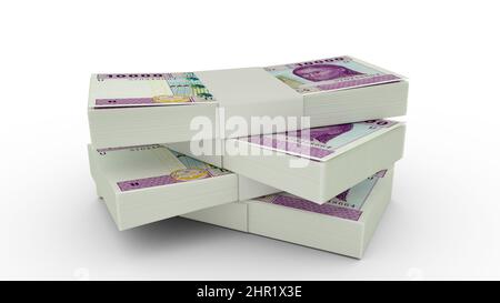 3D rendu de la pile de 10000 billets de franc CFA d'Afrique centrale. Lots de billets de monnaie d'Afrique centrale isolés sur fond blanc Banque D'Images