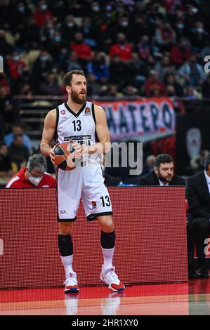 ATHÈNES, GRÈCE - FÉVRIER 24: Sergio Rodriguez, #13 de AX Armani Exchange Milan en action pendant le match de la saison régulière EuroLeague Turkish Airlines Round 27 entre Olympiacos Pirée et AX Armani Exchange Milan au stade de la paix et de l'amitié le 24 février 2022 à Athènes, Grèce. Crédit: Stefanos Kyriazis/Alay Live News Banque D'Images