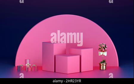 3D podium rose chaud sur fond sombre, scène de rendu d'affichage de produit, maquette de la Saint-Valentin, rose flamant, scène vide de corail, vitrine Banque D'Images