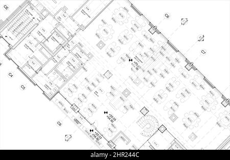 Dessin architectural d'un restaurant meublé, plan d'illustration, projet de 2D CAD d'un restaurant moderne, vue de dessus d'un concept de café Banque D'Images