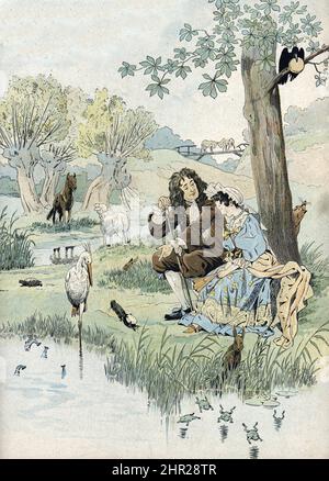 Représentation de Jean de la Fontaine (1621-1695) racontant ses fables a une jeune fille entoures des animaux des fables (corbeau, grenouille, lièvre, héron, agneau, tortue...) (Jean de la Fontaine (Lafontaine) racontant ses fables à une petite fille, entourée d'animaux des histoires, agneau, loup, corbeau, tortue...) Illustration de Job tire de 'la France son histoire' de Montorgueil - collection privee Banque D'Images