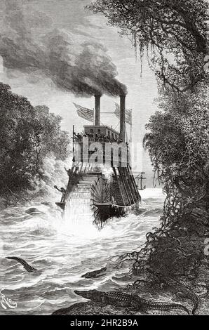 Le passage d'Angostura, bateau Simon-Bolivar naviguant sur la Magdalena, Colombie. Amérique du Sud. Vieux 19th siècle illustration gravée de Journey to Colombia par Edward François Andre, le Tour du monde 1877 Banque D'Images