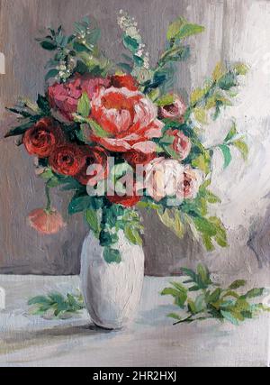 Peinture à l'huile : roses dans un vase blanc. Texture de la peinture. Les fleurs sont peintes de manière impressionniste. Couleurs pastel vives, lumière douce. Banque D'Images