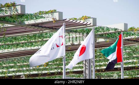 Dubaï. Les drapeaux des Émirats arabes Unis et du Japon sont en vol Banque D'Images