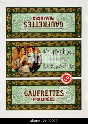 Vintage Alphons Mucha Biscuit étiquette pour Gaufrettes par Lefevre Utile c 1900. Style Art nouveau. Banque D'Images