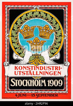 Stockholm 1909 Art Exhibition - Suédois Konstindustriutställningen affiche publicitaire vintage. Trois couronnes, Suède. Banque D'Images