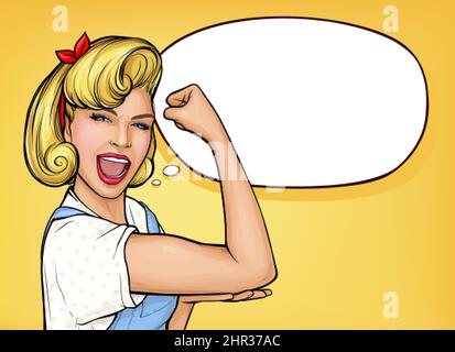 Pop art confiante femme criant et faisant preuve de force en enroulant sa manche et le poing serré. Fille blonde montrant le symbole de la puissance féminine, des droits des femmes, du féminisme proteste. Nous pouvons le faire poster. Illustration de Vecteur