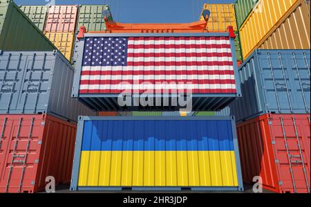 Conteneurs de marchandises avec drapeaux nationaux des États-Unis et de l'Ukraine. 3D rendu Banque D'Images