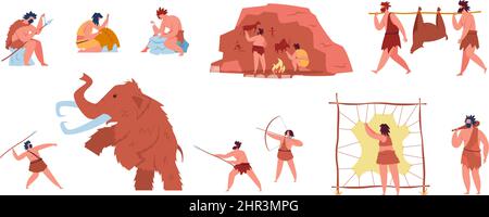 La vie des gens primitifs, les personnages préhistoriques chassant le mammouth. Caveman fabrication d'outils et art de caverne, chasseurs d'âge de pierre avec ensemble de vecteurs d'armes. Illustrat Illustration de Vecteur