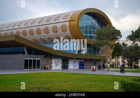 BAKOU, AZERBAÏDJAN - 29 DÉCEMBRE 2017 : la construction du Musée du tapis de l'Azerbaïdjan en gros plan, un jour de décembre nuageux. Bakou, Banque D'Images