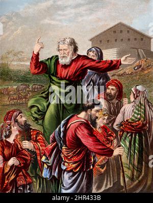 Histoire de la Bible - illustration de Noé et de sa famille se préparant à entrer dans l'arche de la Genèse ancien Testament Banque D'Images