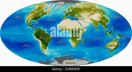 Carte physique des continents et des océans du monde, Atlas détaillé de la Terre, photo spatiale satellite, image du globe. Éléments de cette image fournis par la NASA. Banque D'Images