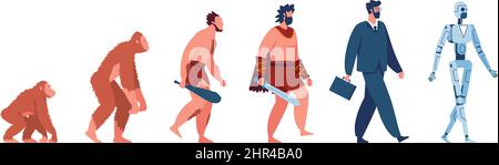 Évolution humaine, singe, caveman, homme d'affaires, cyborg. Personnage masculin évoluant du singe ancien au concept moderne de vecteur homme et robot. Illustration o Illustration de Vecteur