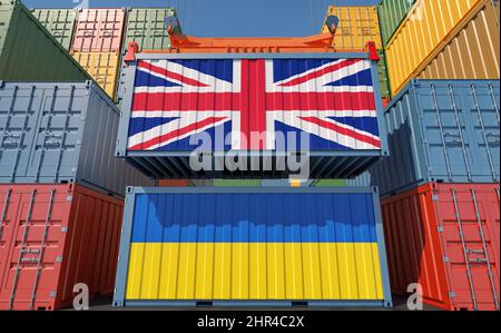 Conteneurs de marchandises avec drapeaux nationaux du Royaume-Uni et de l'Ukraine. 3D rendu Banque D'Images