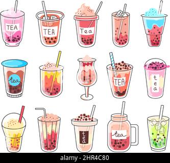 Bouilette de thé au lait, boissons froides au boba et perles de tapioca. Taïwanais doux thé perlé, milk-shakes d'été glacé et boissons ensemble de vecteur de lait t Illustration de Vecteur