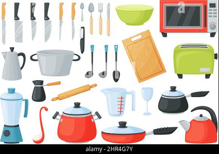 Dessins animés ustensiles de cuisine, outils et appareils de cuisine, ustensiles de cuisine. Casserole, poêle, couverts, micro-ondes, ustensiles de cuisine ensemble vectoriel. Illustrateur Illustration de Vecteur