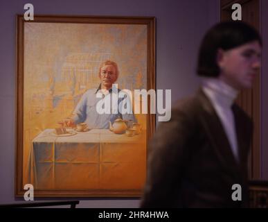 Un portrait de Sir Michael Caine, 1987 ans, par l'artiste Guy Gladwell, estime Â £ 3 000-5 000, exposé lors d'un appel photo à Bonhams à Londres, pour leur prochain Sir Michael Caine - la vente de collection personnelle. La vente contient une sélection d'articles reflétant l'étendue de la carrière de Sir Michael, allant des affiches de film, des meubles y compris son bureau, des œuvres d'art et des beaux-arts. Date de la photo : vendredi 25 février 2022. Banque D'Images