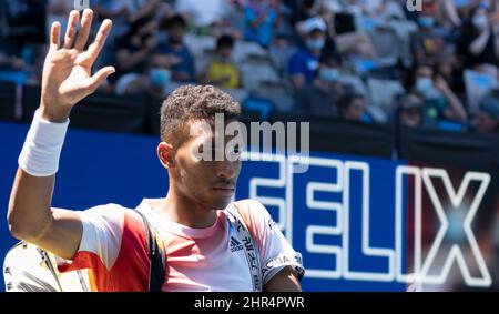 Gros plan de Felix Auger Aliassime, entrant dans la cour pour son match rond de 3rd contre Marin Cilic. Banque D'Images