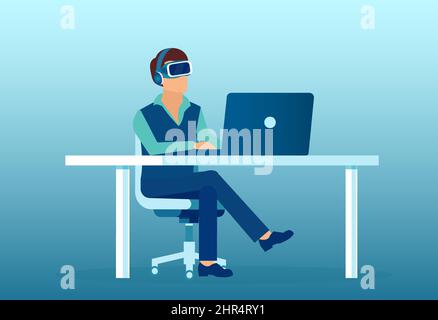 Vecteur d'un homme assis dans une chaise et utilisant un casque de réalité virtuelle jouant sur un ordinateur Illustration de Vecteur