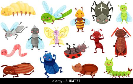 Insectes de dessin animé mignons, coccinelle, papillon, abeille, coléoptère, croisillon. Happy Garden insecte, ver, chenille, sourire insectes pour enfants vecteur ensemble de papillon a Illustration de Vecteur