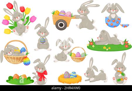 Dessins animés lapins de pâques avec paniers et oeufs peints, lapins mignons. Peluche lapin tenant oeuf, vacances printemps lapin caractère ensemble de vecteur. Lapin de Pâques Illustration de Vecteur