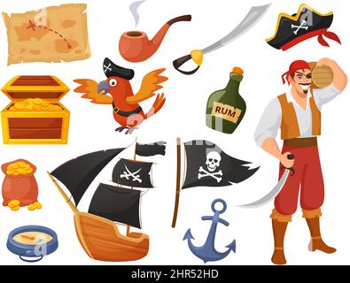 Personnage de pirate de dessin animé avec perroquet et navire, carte du Trésor. Aventures en mer, bateau, ancre, poitrine avec or, Pirates éléments vecteur set. Illustration Illustration de Vecteur