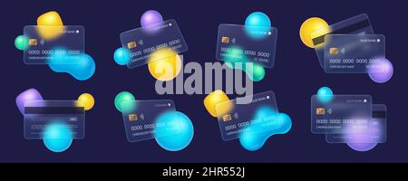 Carte de crédit Glassmorphisme, cartes bancaires en verre dépoli avec effet de flou. Carte de débit en plastique mat transparent avec ensemble vectoriel de formes abstraites. Rapport d'éclairage Illustration de Vecteur
