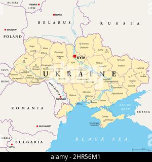 Ukraine, divisions administratives, carte politique. Pays et Etat unitaire en Europe de l'est avec la capitale Kiev, également appelé Kiev. Subdivision de pays. Banque D'Images