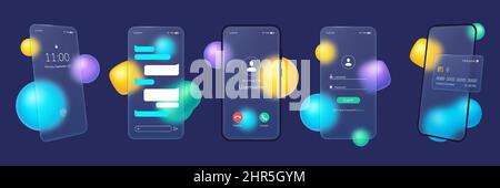 Smartphone Glassmorphism, plaques de verre transparentes avec interface utilisateur pour applications mobiles. Écran de téléphone en verre dépoli avec ensemble vectoriel de formes abstraites floues. Rapport d'éclairage Illustration de Vecteur