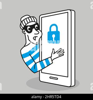 Concept vectoriel. Cyber Thief dérobe les données personnelles et les fonds d'un téléphone portable. Personnage de style dessin animé Illustration de Vecteur