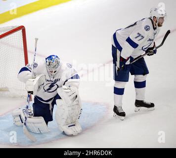 Tampa Bay Lightning defenseman Victor Hedman (77, right) celebrates with  teammates, including right wing Taylor Raddysh (16) and left wing Ross  Colton (79) after scoring against the New Jersey Devils during the